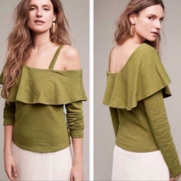 Anthropologie Postmark Off the Shoulder Ruffle Long Sleeve Green Top Boho Chic S - Picture 16 of 16